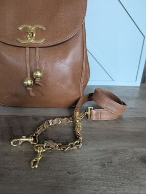 Leather-Trim Gold Chain Bag Strap - Tan & Gold( Only One Strap? No Back Pack